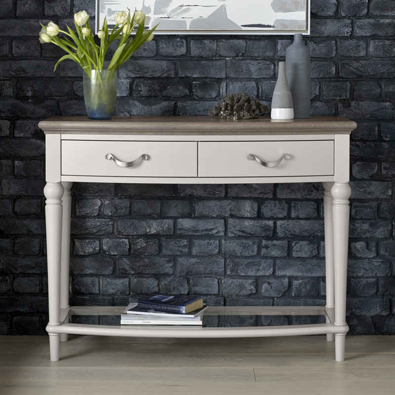 Dimas 109.8cm Solid Wood Top Console Table, Grey Washed Oak, Soft Grey
