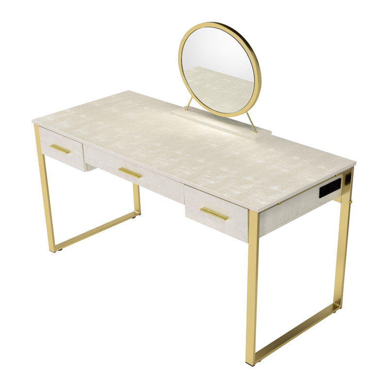Deundrae 3 - Drawer Vanity Desk with Mirror, Gold