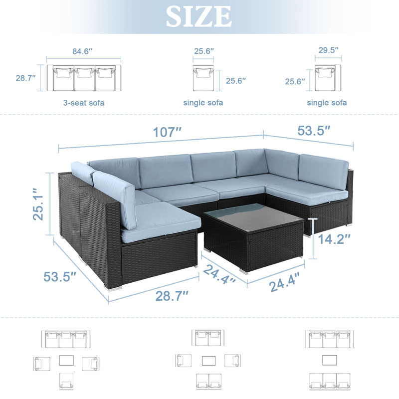 Ensemble de conversation d'extérieur pour 6 personnes avec coussins, Bleu ciel, Noir