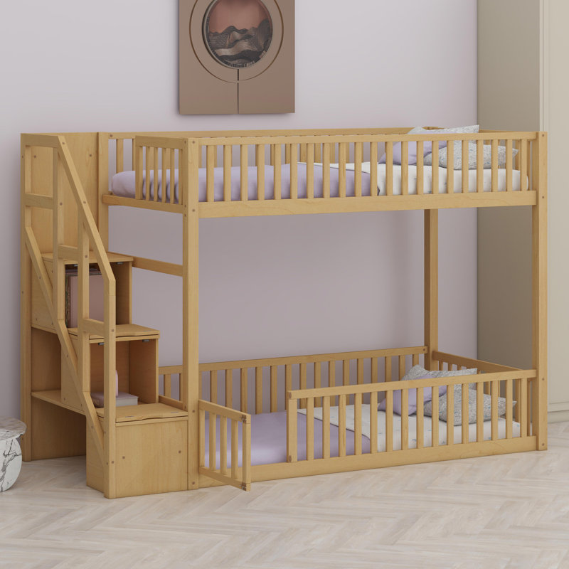 Bunk Bed With Integrated Ladder And Built-In Storage Solutions, Natural