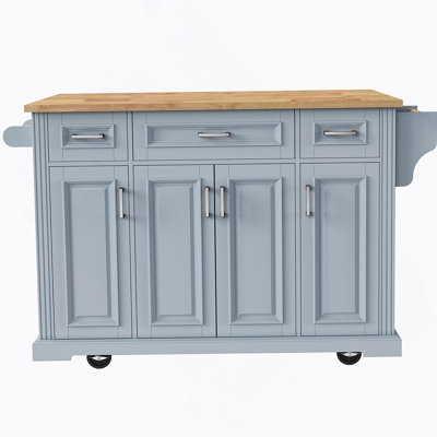 54" Large Kitchen Island With Rubber Wood Drop Leaf, Mobile Rolling Cart With 4 Doors, 3 Drawers & Storage