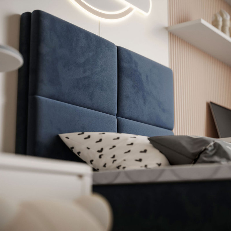 Upholstered Bed with Mattress, 90cm W x 200cm L, Blue / White / Grey