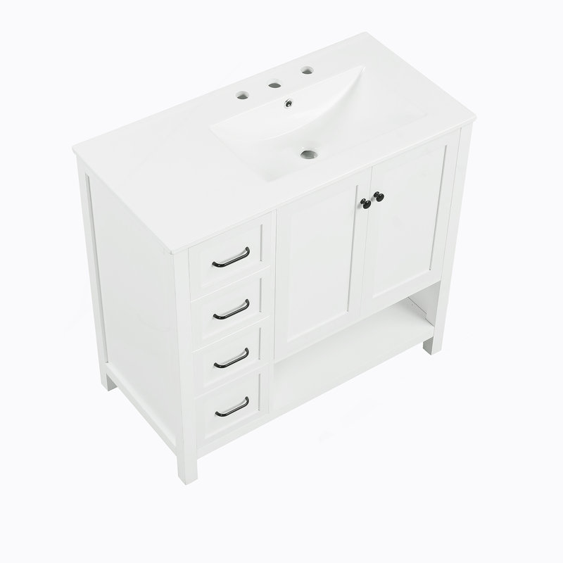 Meuble-lavabo avec comptoir d'évier, armoire de salle de bain avec tablette ouverte, deux portes et deux tiroirs