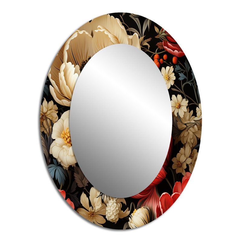 Rouge et beige élégant champ de coquelicots - grand miroir mural ovale sur métal, H 40 po x l 30 po