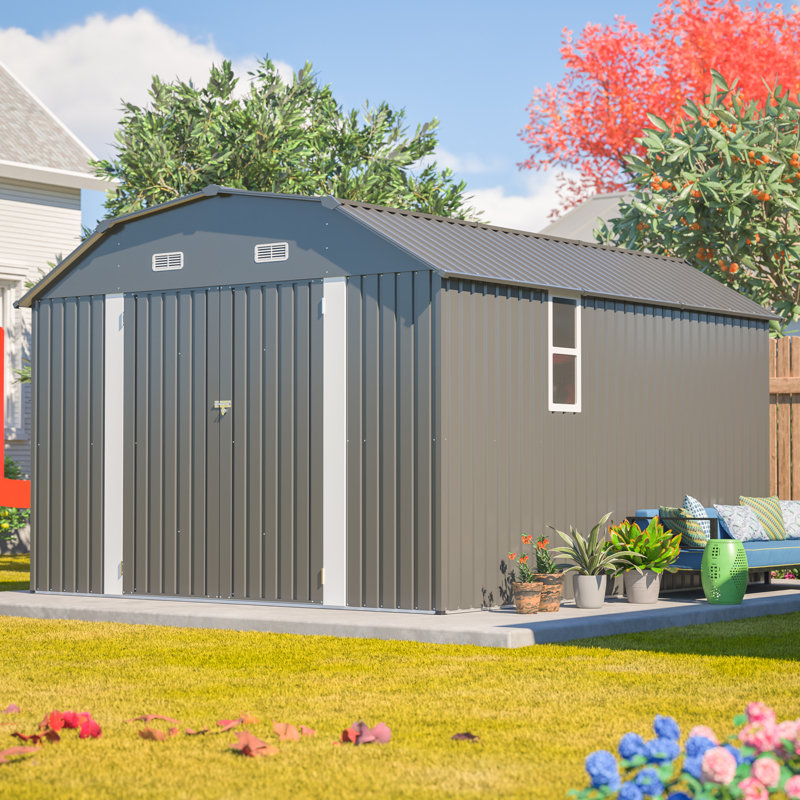 10X12 FT Metal Outdoor Storage Shed, Heavy Duty Rust-Resistant Steel Tool Shed With Floor Frame Kit, Gray