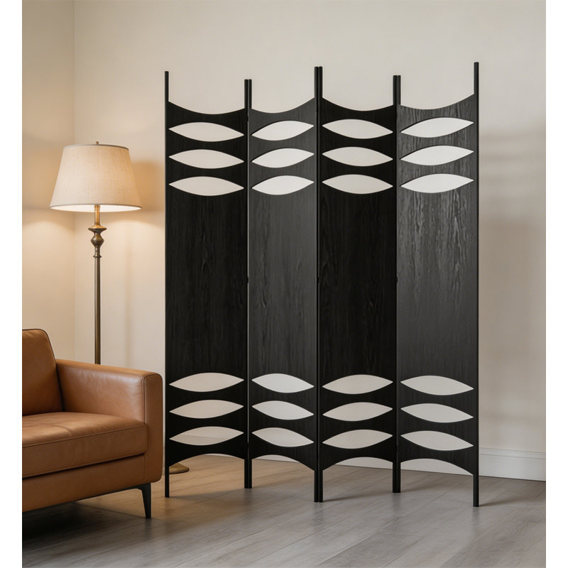 Paravent de chambre pliable Mid-Century, 4, H 70,9 po x l 63 po x P 0,8 po, Noir