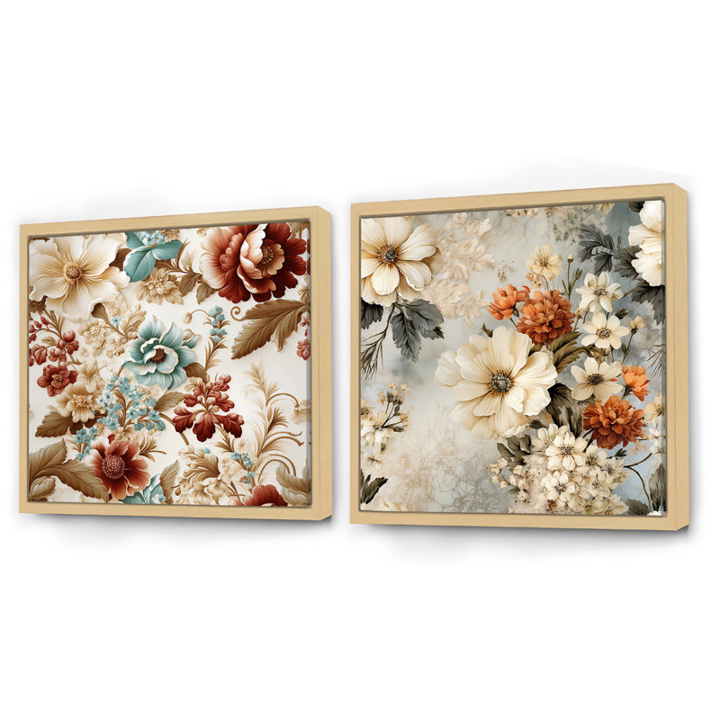 Rustic Victorian Brocade Pattern - Floral Square Collage Set Of 2, Brown Floater Framed, 36" H x 73" W