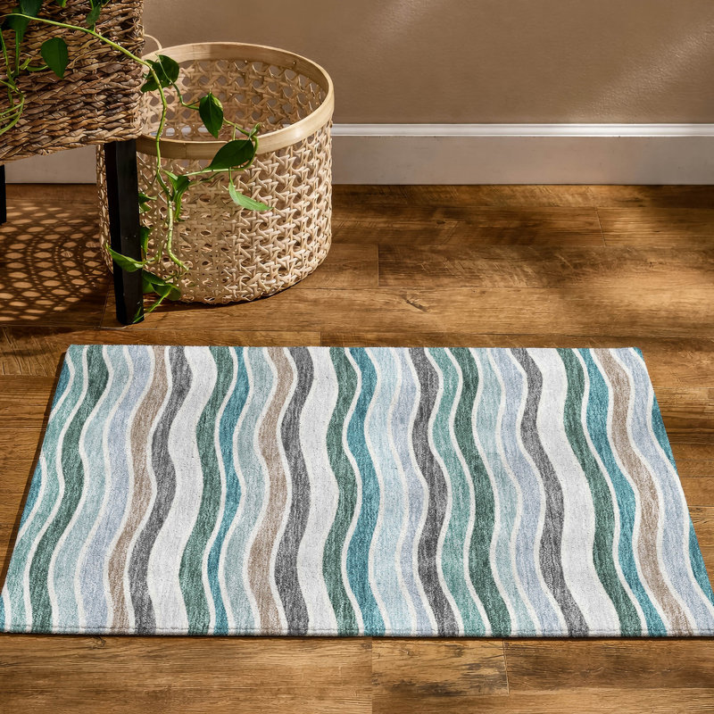 Premium Machine Washable Mayfield AMF2333 Stripes Rug, Teal, 2'6" x 3'10"