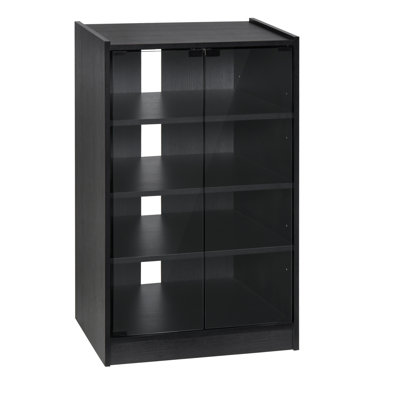 Élégante armoire de rangement multimédia avec tablettes réglables, portes en verre trempé, parfaite pour les espaces de vie modernes
