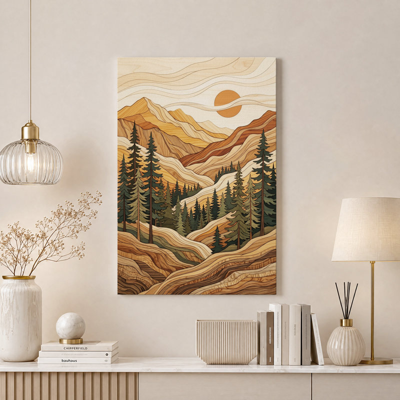 Toile murale en bois superposé représentant une montagne et une forêt de pins, H 48 po x l 36 po