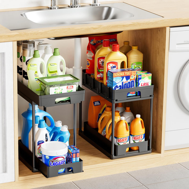 2Pack Under Sink Organizers And Storage, 2 Tier Pull Out Kitchen Bathroom Cabinet Organizer, Under Sink Storage For Bathroom Kitchen, Under Counter Storage Organizer With 8 Hooks