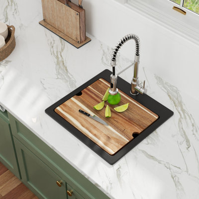Évier de cuisine station de travail en quartz 21 po x l 20 po, évier de cuisine en granite à simple cuve noire avec grille d'évier, crépine, planche à découper et support de séchage à enroulement