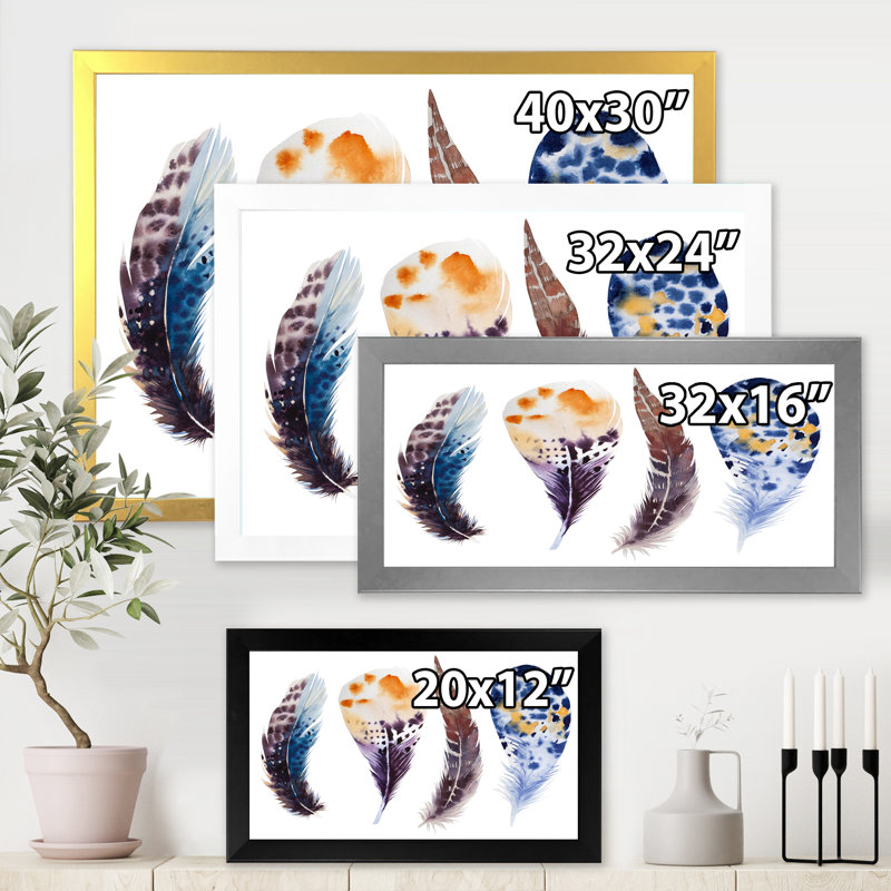Ensemble de plumes colorées Boho - peinture sur toile encadrée, H 16 po x l 32 po x p 1 po, Encadrement argenté