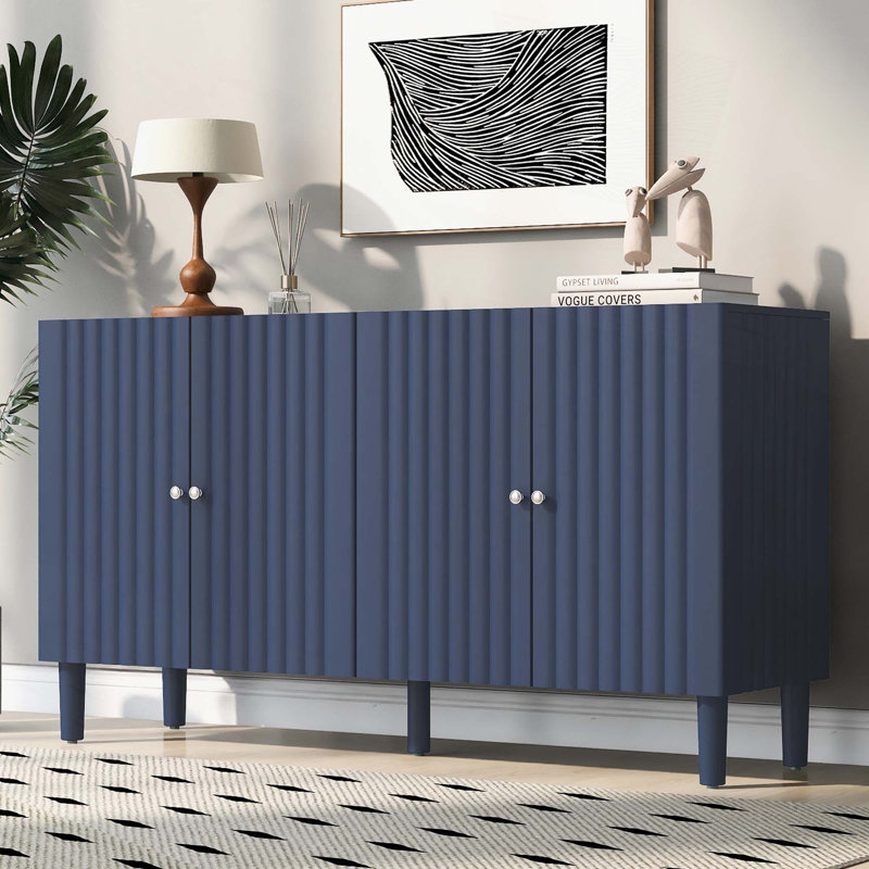 Elegant Four-Door Sideboard With Wavy Pattern Doors,Cylindrical Legs,And Sleek Metal Handles,Adjustable,Suitable For Study,Entryway And Living Room