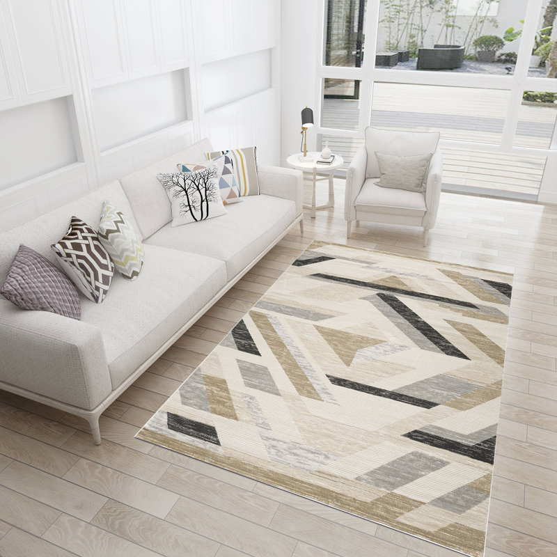 Modern Geometric Turkish Machine Woven Area Rug in Black/Beige/Gray, Rectangle 5' x 8'