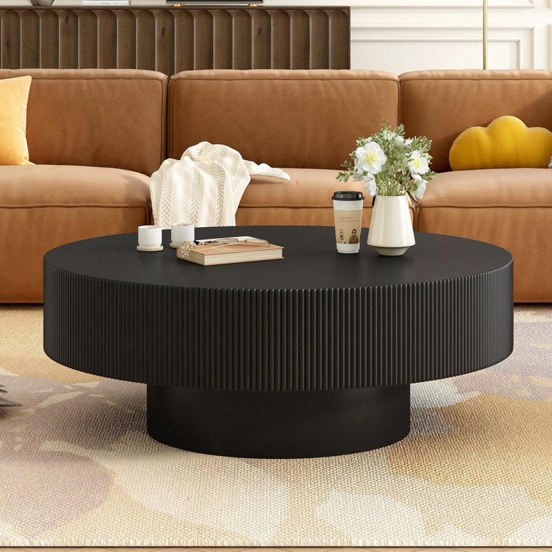 Round Coffee Table with 6.8" Thick Tabletop, Black