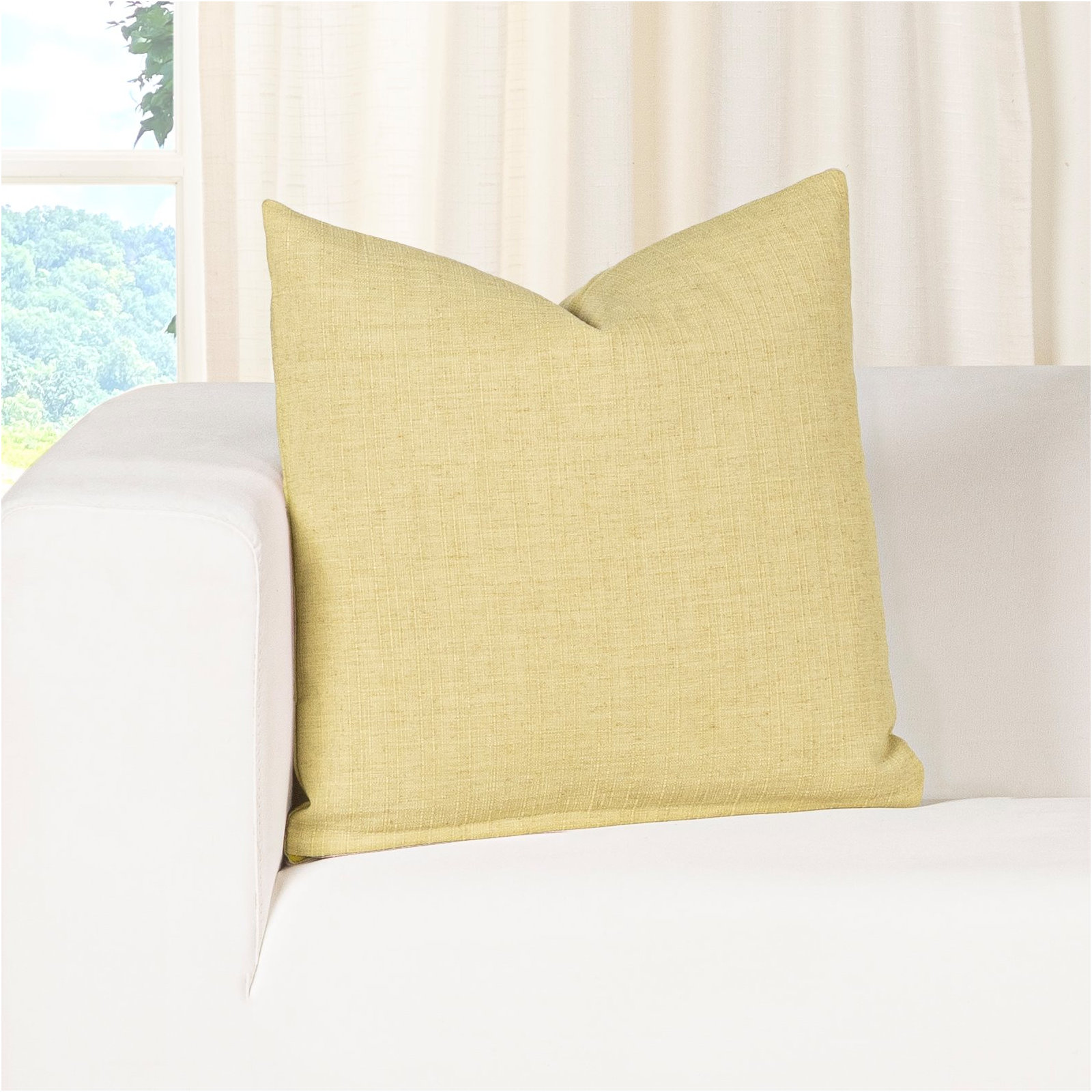 Indy Faux Linen Accent Pillow, Green, Feather, Square 26"