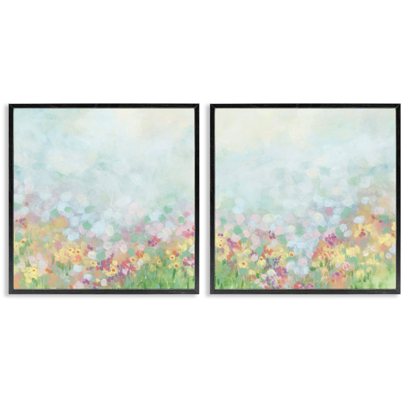 «Pastel Spring Flower Field», ensemble de 2 giclées sur papier par June Erica Vess, Cadre noir, H 17 po x l 17 po