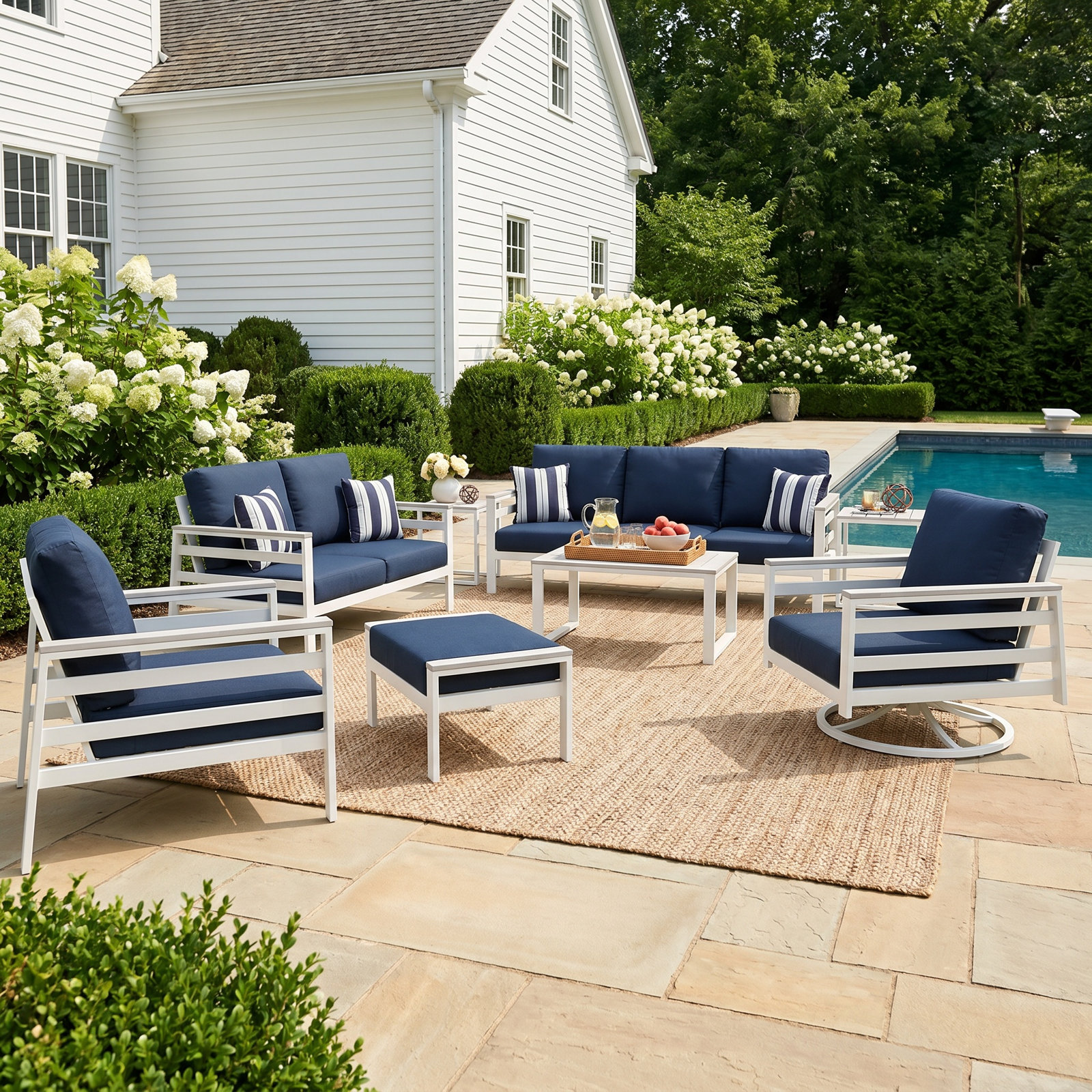 Townsend 7-Person Sunbrella® Patio Seating Group, Canvas Navy, White