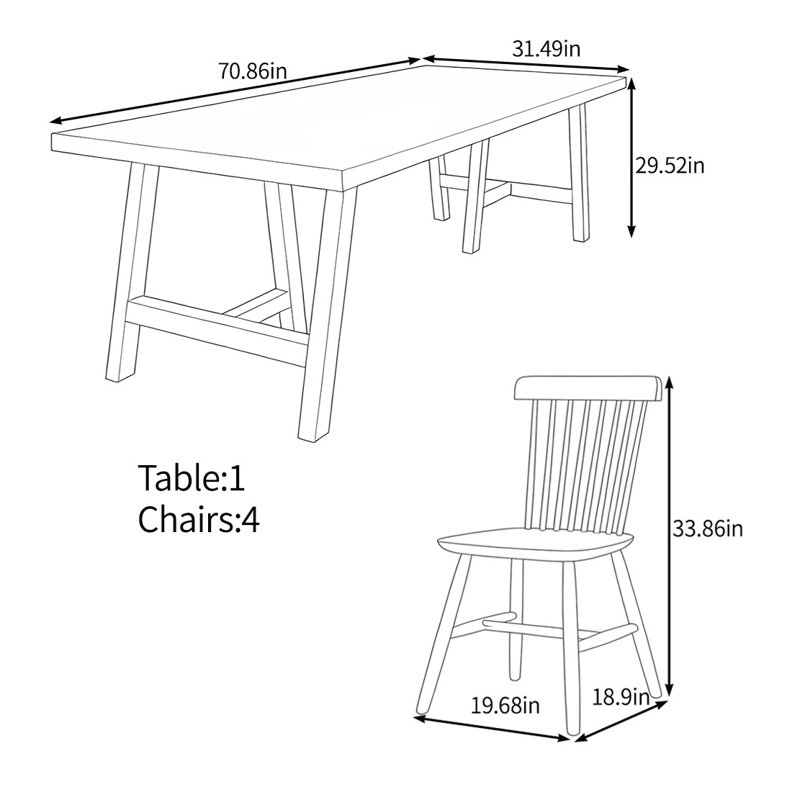 High quality solid wood table set, 29.52"H x 70.86"L x 31.49"W