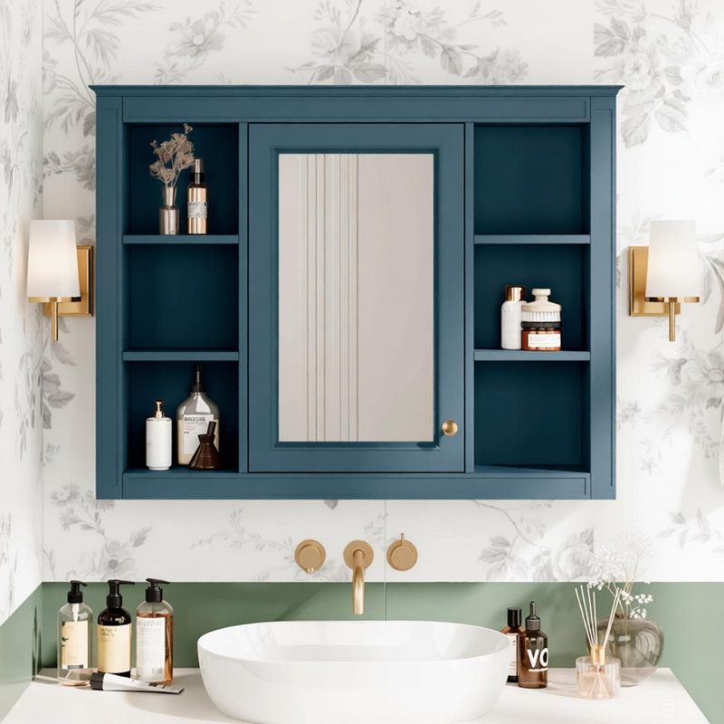 Armoire à pharmacie de 35 po x 28 po, armoire de rangement murale pour salle de bain, armoire de salle de bain moderne avec miroir, armoire à miroir avec 6 tablettes ouvertes (meuble-lavabo non inclus)