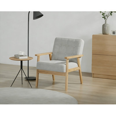 Modern Scandinavian Armchair, Solid Wood Frame Light Natural Finish, Breathable Linen-Blend Upholstery, Multi-Functional Accent Dining Chair & Office Chair for Living Room Bedroom Reading Nook