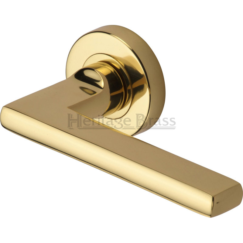 Heritage Brass Heritage Door Handle Lever Latch on Round Rose Trident Design, Polished Brass