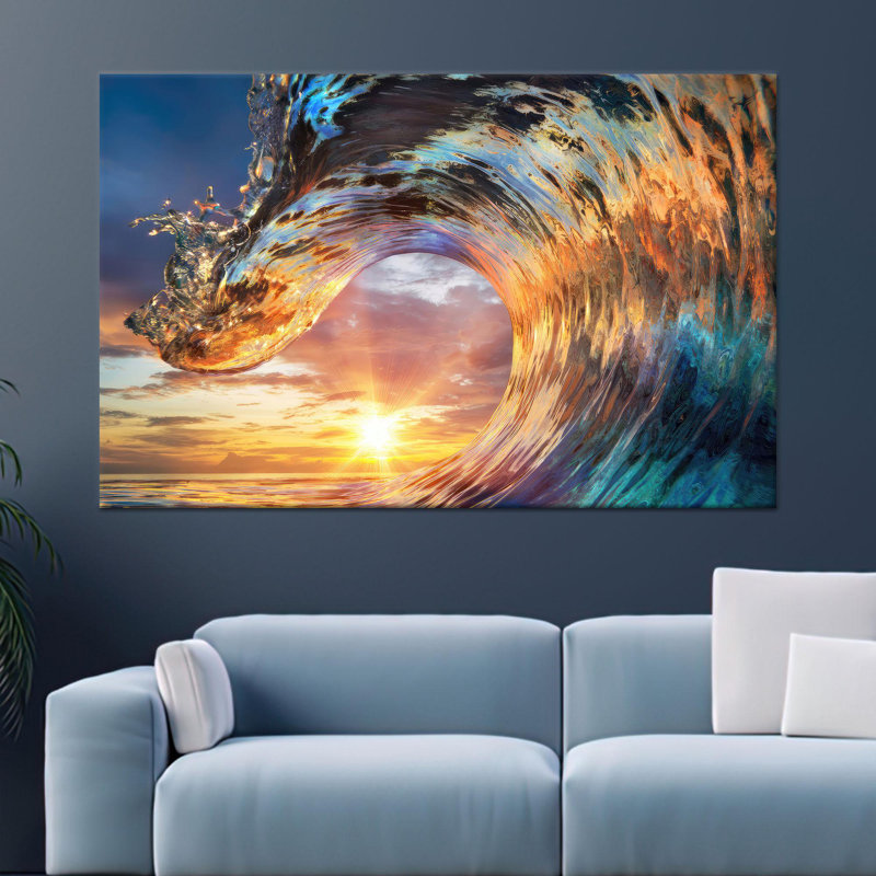 Impression sur toile de coucher de soleil océan: photographie de paysage marin éclatant, décor de plage, toiles à cadre blanc 1P