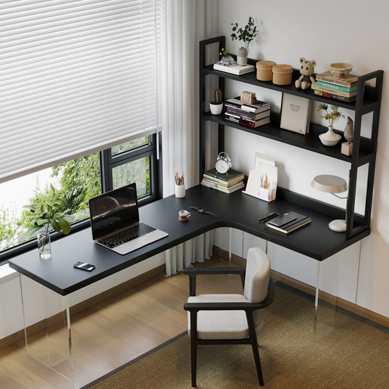 Bureau en coin en acrylique avec tablette en L et bibliothèque intégrée, H 29,53 po x l 78,74 po x P 55,12 po