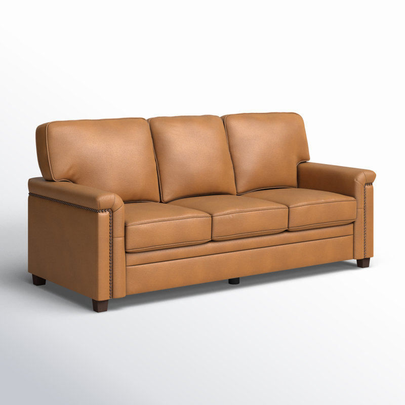 Canapé à accoudoirs carrés en cuir véritable 77,2 po Ansela, Cuir fleur camel