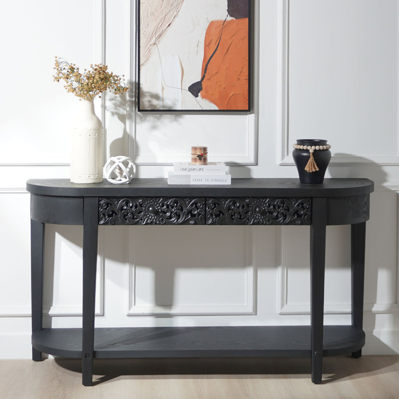 Black Carved Wooden Console Table with Lower Storage Shelf Tow Drawers
