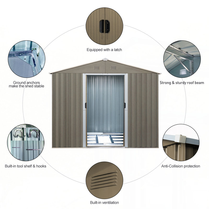 Remise de rangement extérieure en métal 8 pi x 6 pi avec base en métal, gris, H 74,8 po x l 63,78 po x P 88,98 po, Gris