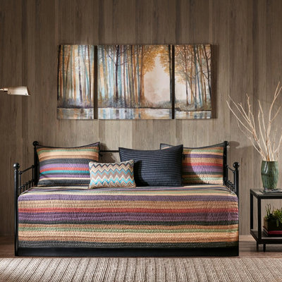 Housse de lit de jour 6 pièces, conception réversible à rayures multiples, matelas simple, housse, 3 taies décoratives, coussin décoratif, décoration facile à laver, ajustement du matelas, lavable à la machine