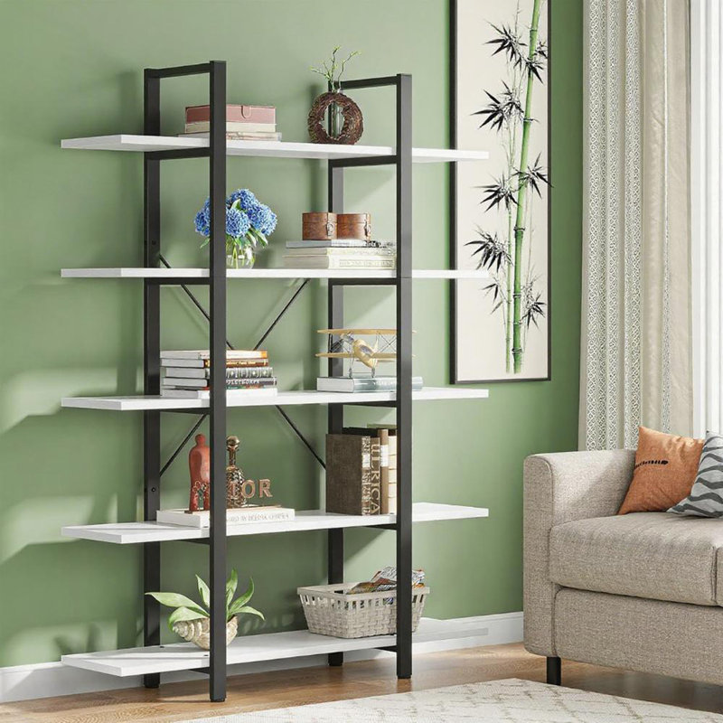 5-Tier Shelf Bookcase Metal Frame, White/Black