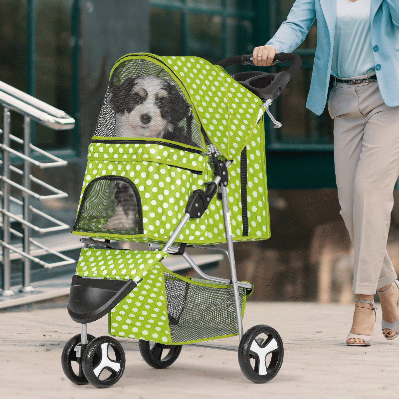 Lawn Green Polka Dot Foldable Pet Stroller with Storage
