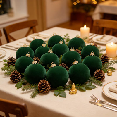 12 Pcs Velvet Flocked Christmas Ball Ornaments, Dark Green Shatterproof Hanging Baubles, Xmas Tree Holiday Party Home Decor Ornament Set (Set of 12)
