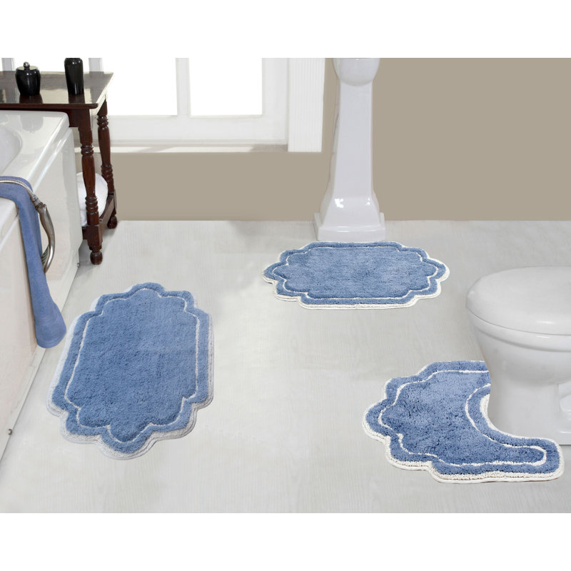 Dobrinka Cotton Bath Rug Set, Machine Washable, Quick Dry, Absorbent - 3 Piece Set with Contour, Blue