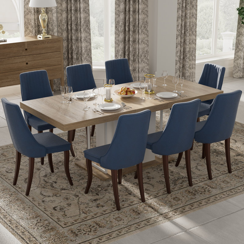 9 Pieces Modern Farmhouse Rectangle Dining Set with Mid-century High Back Dining Chair Set for 8, Blue, Natural