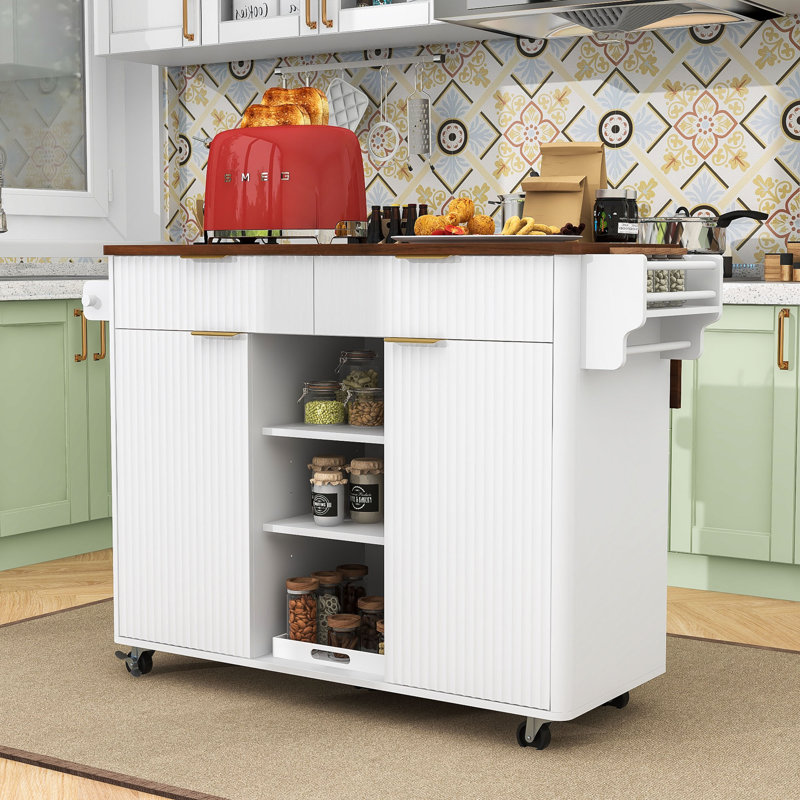 Fluted Kitchen Island Cart with Drop Leaf, Built-In Charging Station, Adjustable Shelves and Ample Storage, White