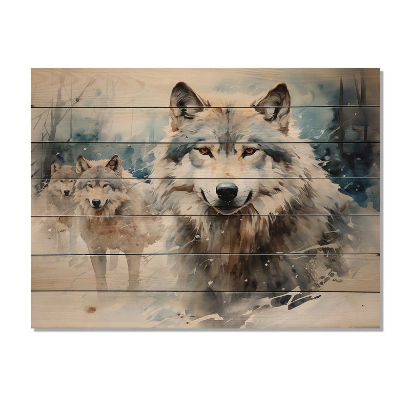 Snow Wolves In Winter I - loup sur bois, H 10 po x l 20 po
