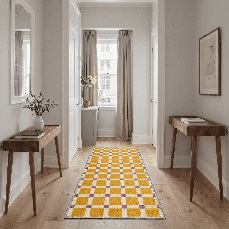 Calmo Modern Checkerboard Machine Washable Yellow / Beige / Purple Indoor Area Rug with Non-Slip Backing, Runner 2' x 7'