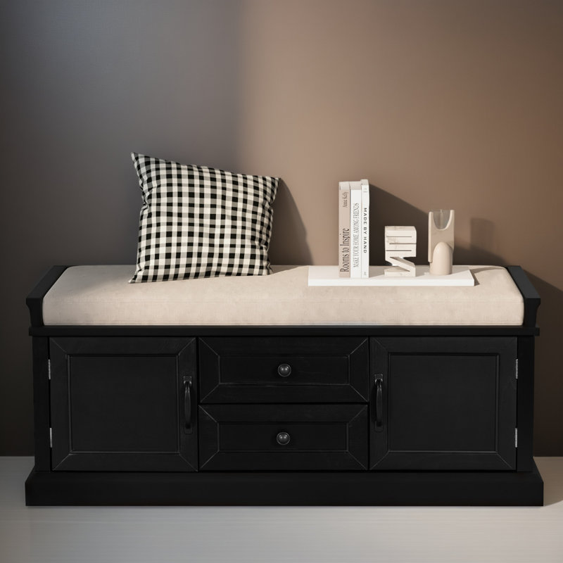 43" Shoe Storage Bench with Cushion, Entryway Storage with Hidden Storage, Black, White