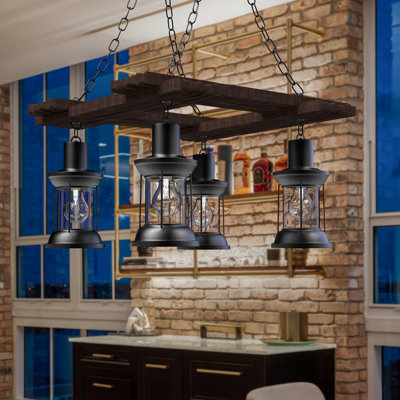 Lustre géométrique unique à 4 lumières avec accents en bois Semaj