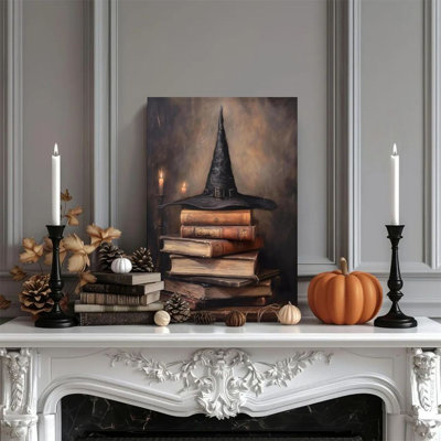 1-piece framed Alvord painting featuring a wizard hat, a stack of vintage books, in a dark realism style. Decorative retro wall poster for home decor, a perfect gift of modern artwork suitable for bedrooms and living rooms