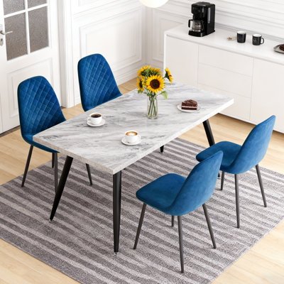 150cm Marble Effect Dining Table Set With 4 Quilted Velvet Chairs