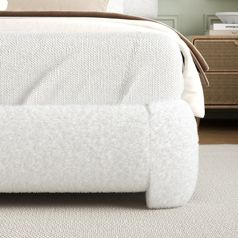 Haden Lambswool Boucle Upholstered Platform Bed Frame with Adjustable Headboard, White, King