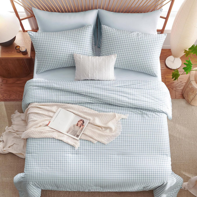 Pink Blue Gingham Comforter Set Modern Style Pink Plaid Comforter Set 100% Washed Microfiber Boho Comforter Farmhouse Gingham Plaid Bedding Set