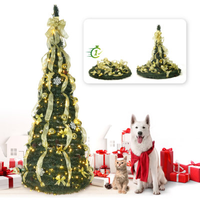 7.5 FT Fake Foldable Christmas Tree w/ 4 Golden Ribbon, 450 LED Lights, Pre-Hinged