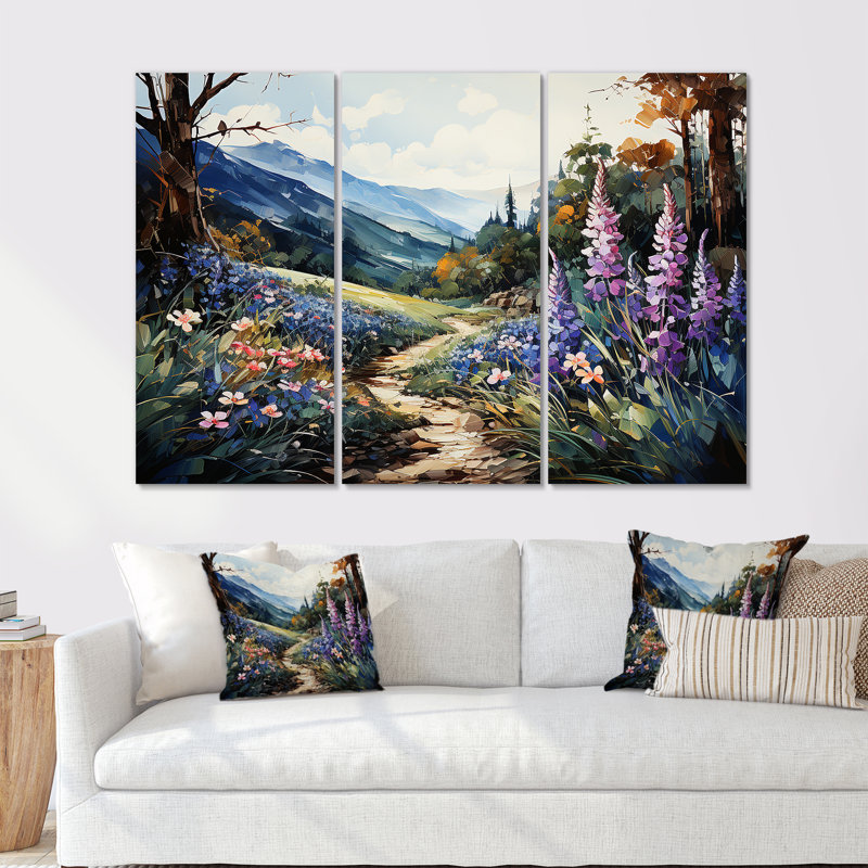Blue Bonnets Mountain Landscape - Ensemble de décorations murales fleurs, Toile tendue, H 28 po x l 36 po x P 1 po