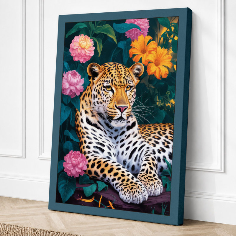 Leopard Among Flowers Boho - Print, 30x20 - 76.2 x 50.8 cm, Teal Border